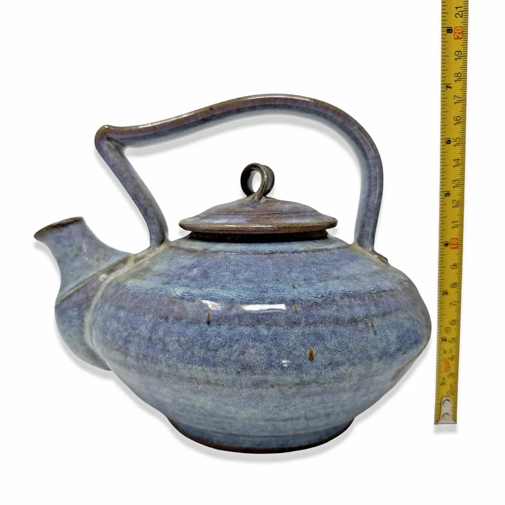 Studio Pottery Teapot Signed Iris Minc '92 Blue Glaze Art Ceramic Handmade